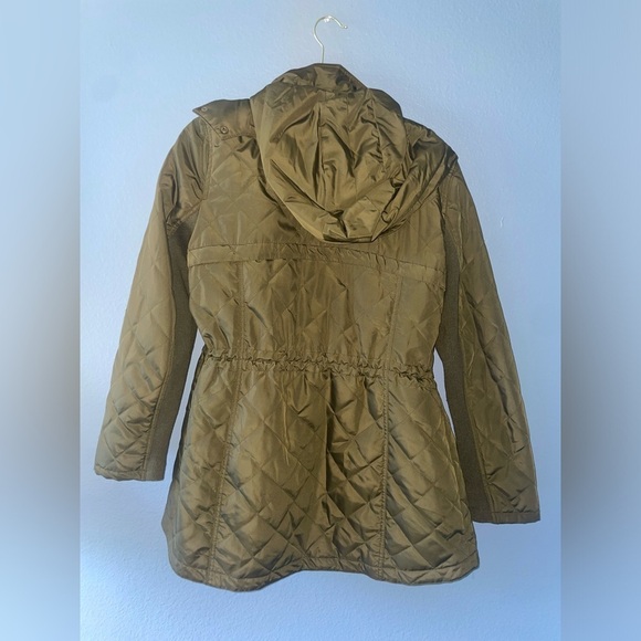 Olive puffer jacket trench coat jacket zip up cargo - Picture 2 of 10
